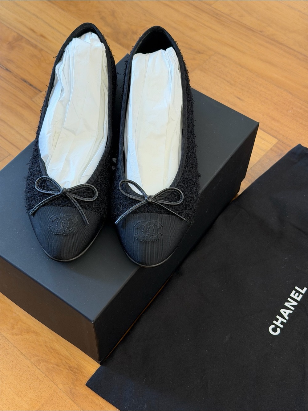 Chanel Black Tweed Ballet Flats